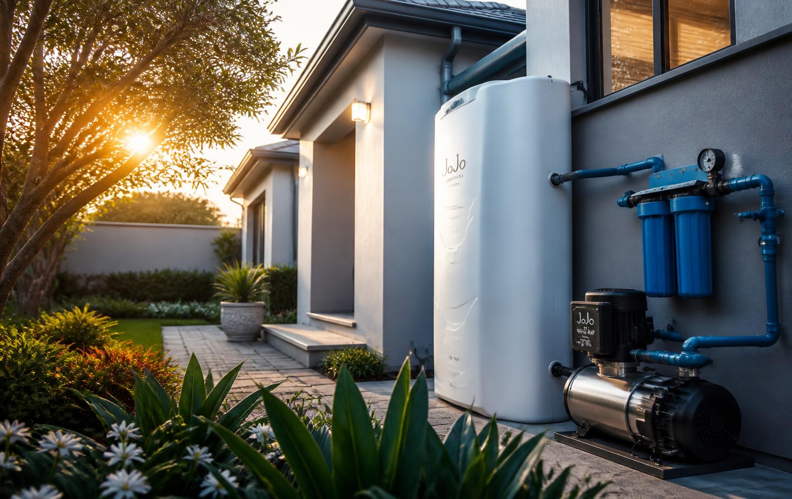 Home water backup tank and pump system installed alongside a South African home